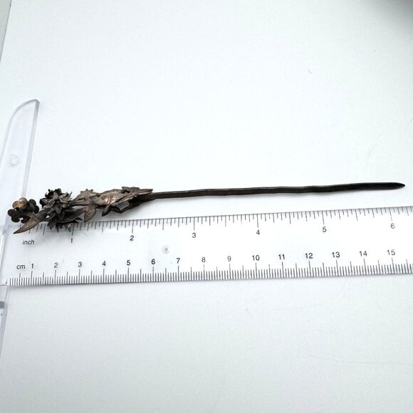 Chinese Hairpins Fish Floral Designs Silver Tone Metal Intricate Set Of 2 Vtg main image 8